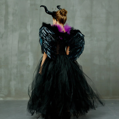 Halloween children's dress costume in sizes 2-10 with horns and wings options for ages 2-9