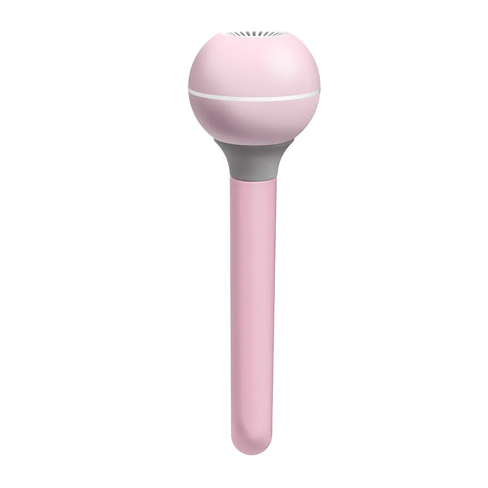 Pink and white columnar magic wand ultrasonic humidifier with USB cable and mechanical knob.