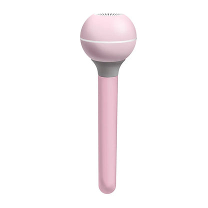 Pink and white columnar magic wand ultrasonic humidifier with USB cable and mechanical knob.