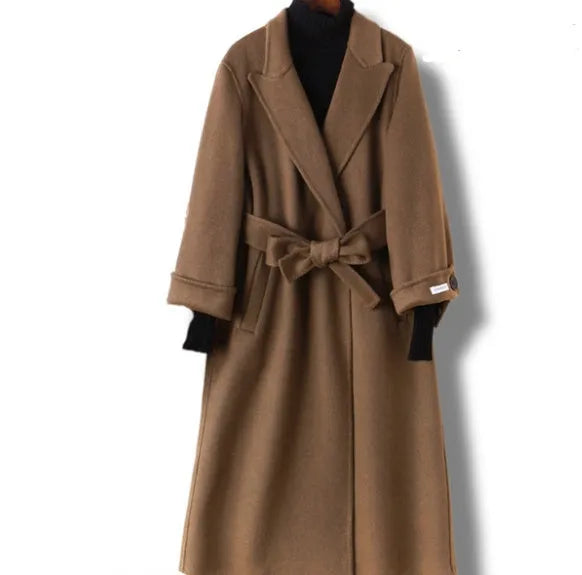Long grey wool coat with suit collar shown in black and caramel colours on a male model