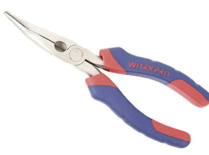 Blue double colour sleeve handle curved nose pliers with tapered jaws for precision work