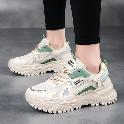 Men's beige green and white low-top casual board shoes with mesh upper and rubber sole.