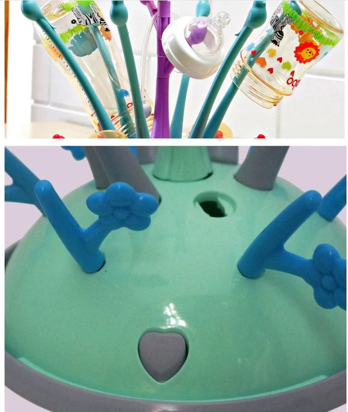 Portable baby bottle drying rack in green and purple, made from safety PP material