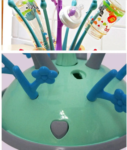 Portable baby bottle drying rack in green and purple, made from safety PP material