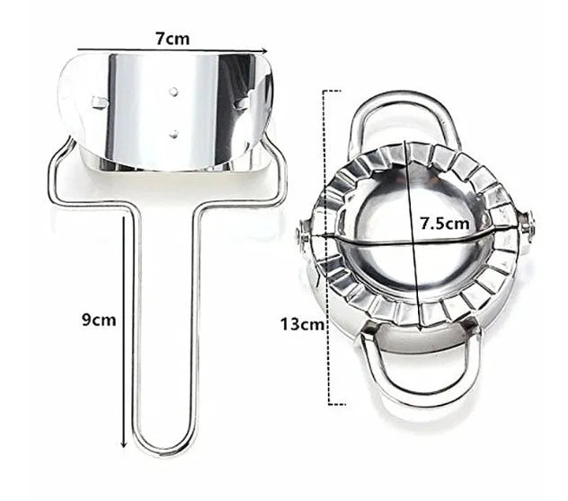 Stainless steel dumpling mould and rectangular dough cutter on a kitchen surface.