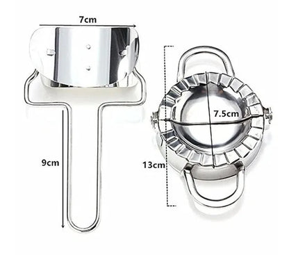 Stainless steel dumpling mould and rectangular dough cutter on a kitchen surface.