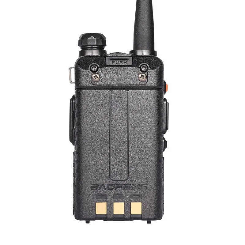 Black walkie talkie with antenna showing 128 channels and VHF/UHF frequency range for long-distance communication.
