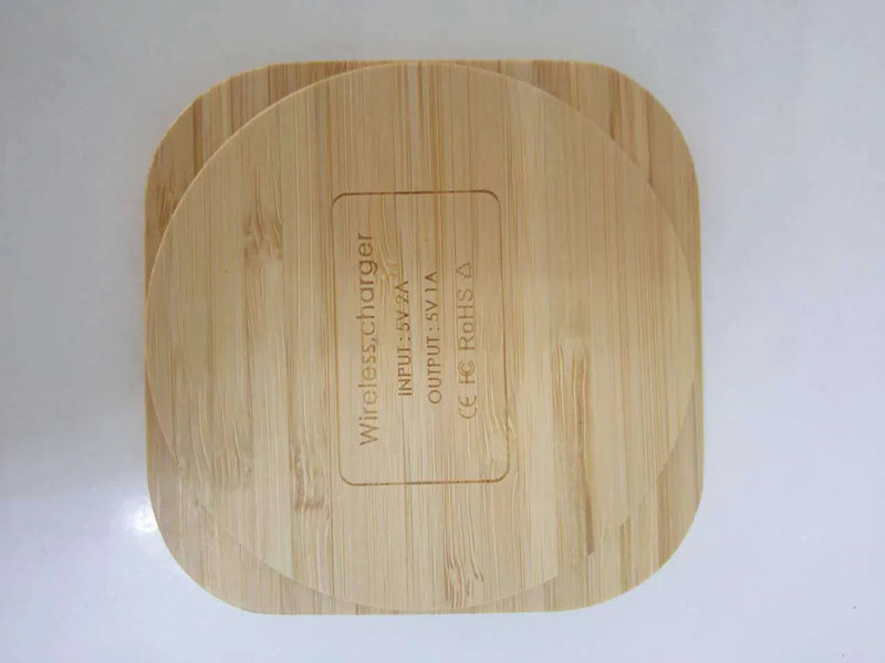 Wooden bamboo 5W wireless charger square Qi-certified 92x92x8mm with over-temperature and overcurrent protection compatible with smartphones and devices up to 2-8mm charging distance