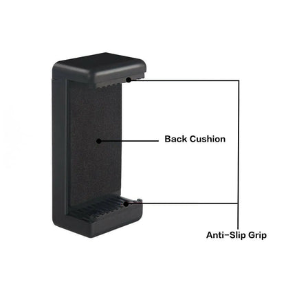 Black plastic single phone holder bracket showing rotating clamp and word folder style options