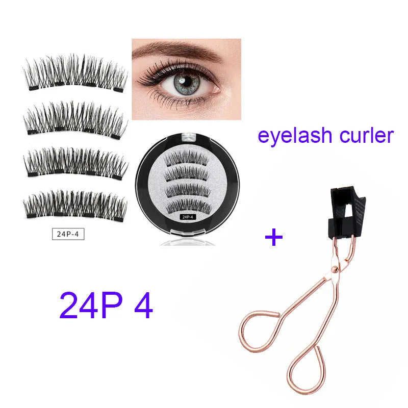 Four magnet false eyelashes in imported fibre with hand made construction and optional eyelash curler
