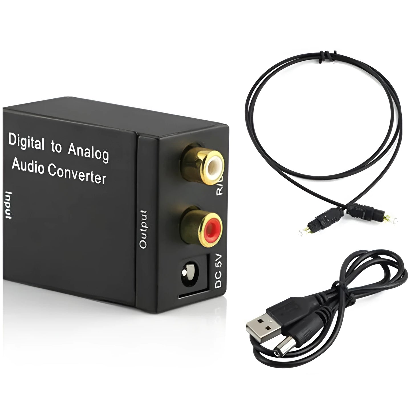 Black digital to analogue audio converter with Toslink and RCA inputs, RCA outputs, 5V power port.