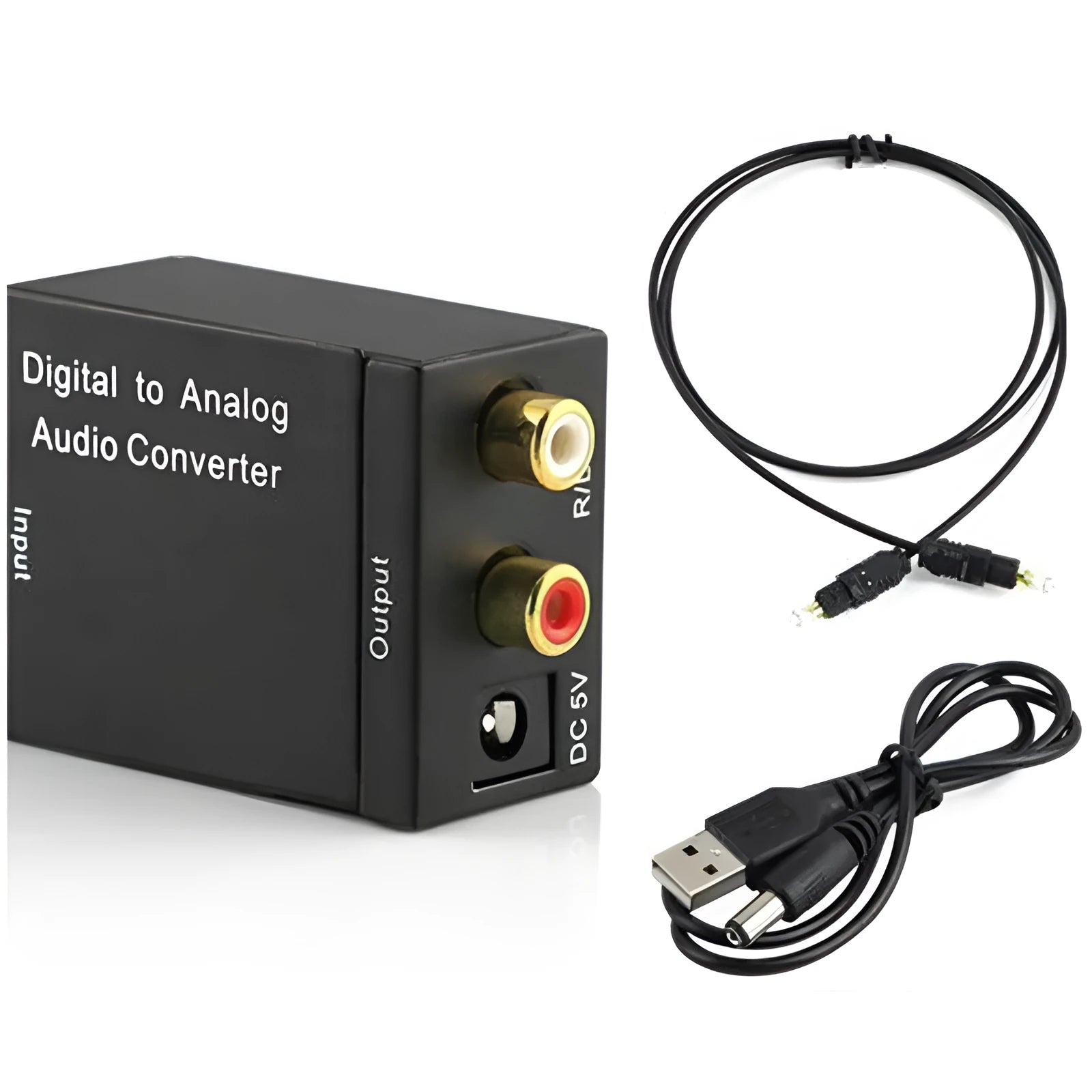Black digital to analogue audio converter with Toslink and RCA inputs, RCA outputs, 5V power port.