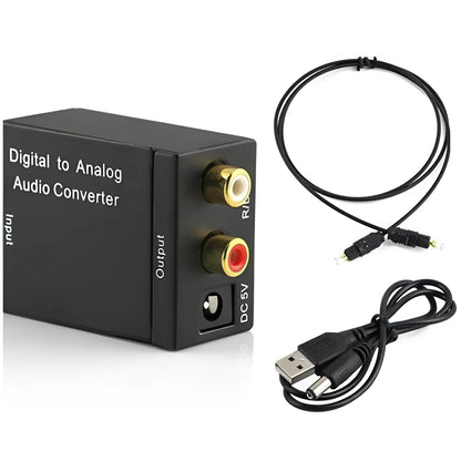 Black digital to analogue audio converter with Toslink and RCA inputs, RCA outputs, 5V power port.