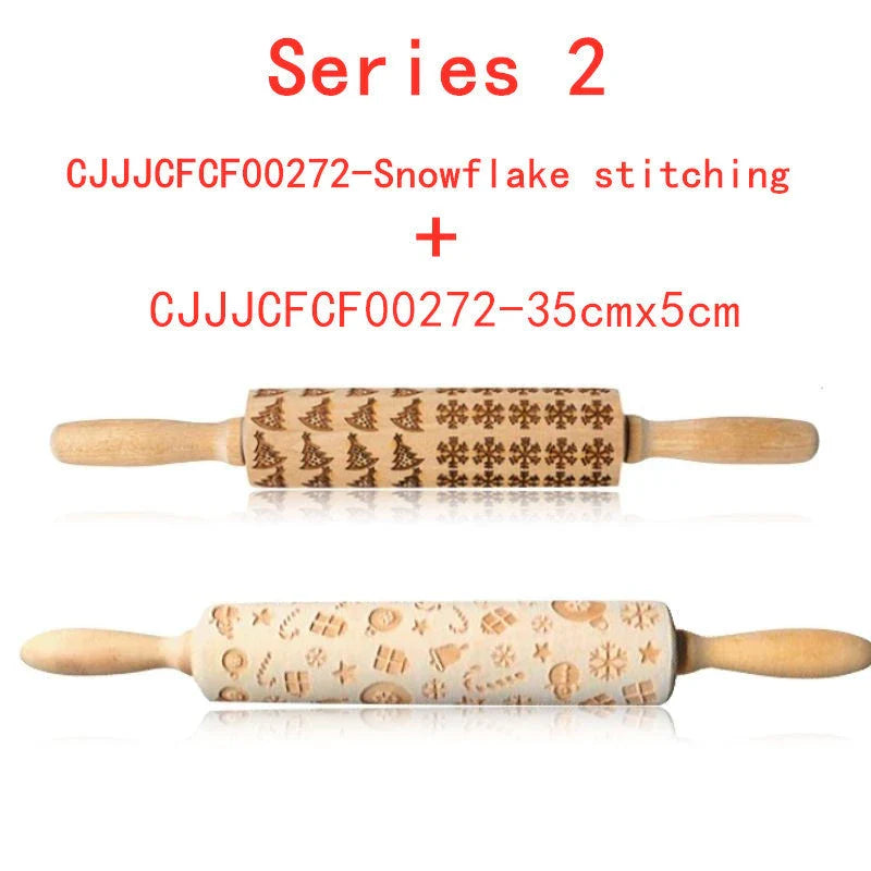 Festive rolling pin with embossed Christmas designs for easy imprinting on dough