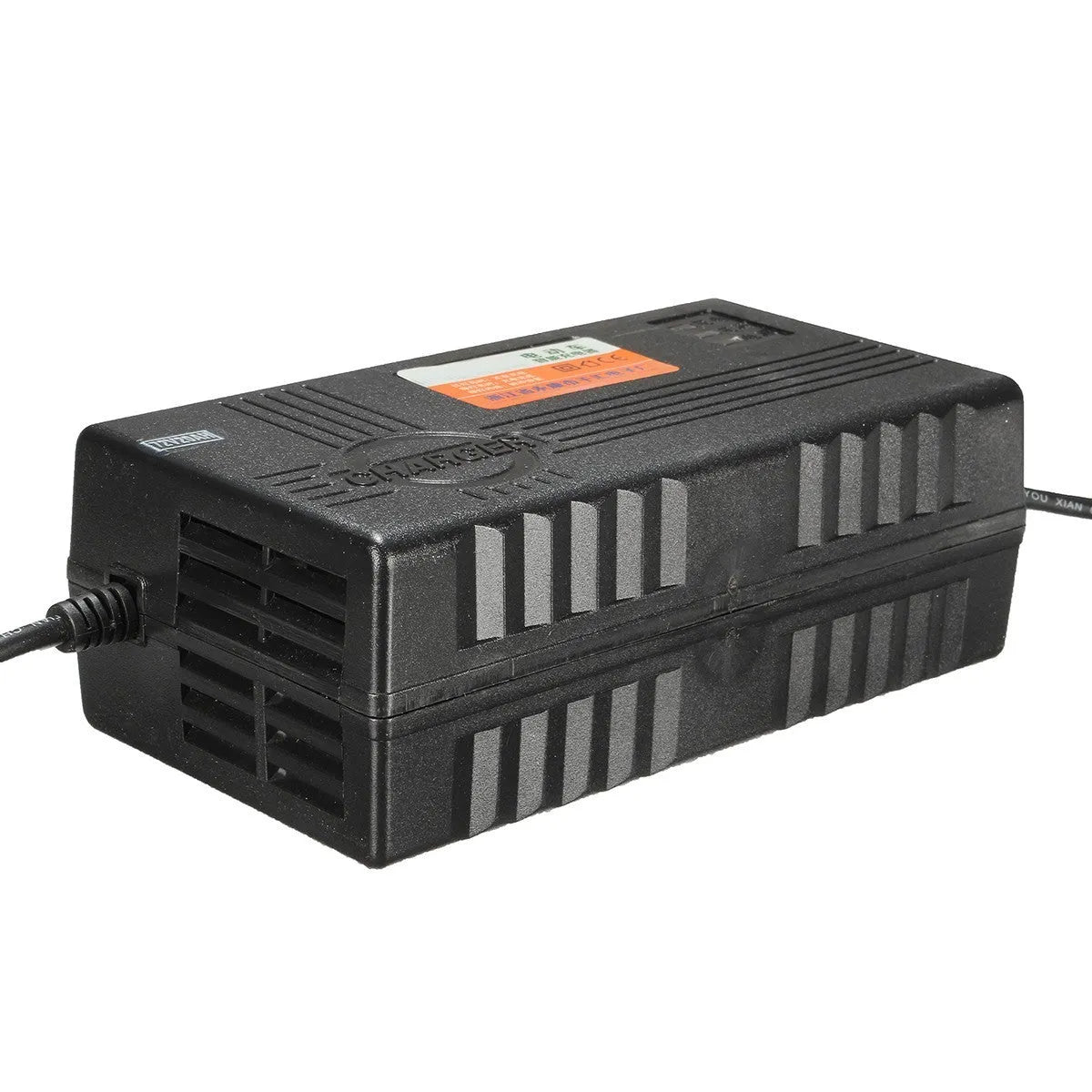 Black 72V20AH electric vehicle charger with compact dimensions and regional plug options
