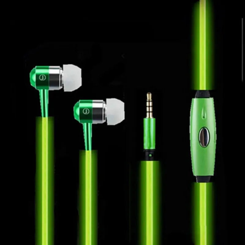 Magic Light LED Earphones in blue, green, or pink with aluminium alloy shells and EL light lines syncing to music rhythm.