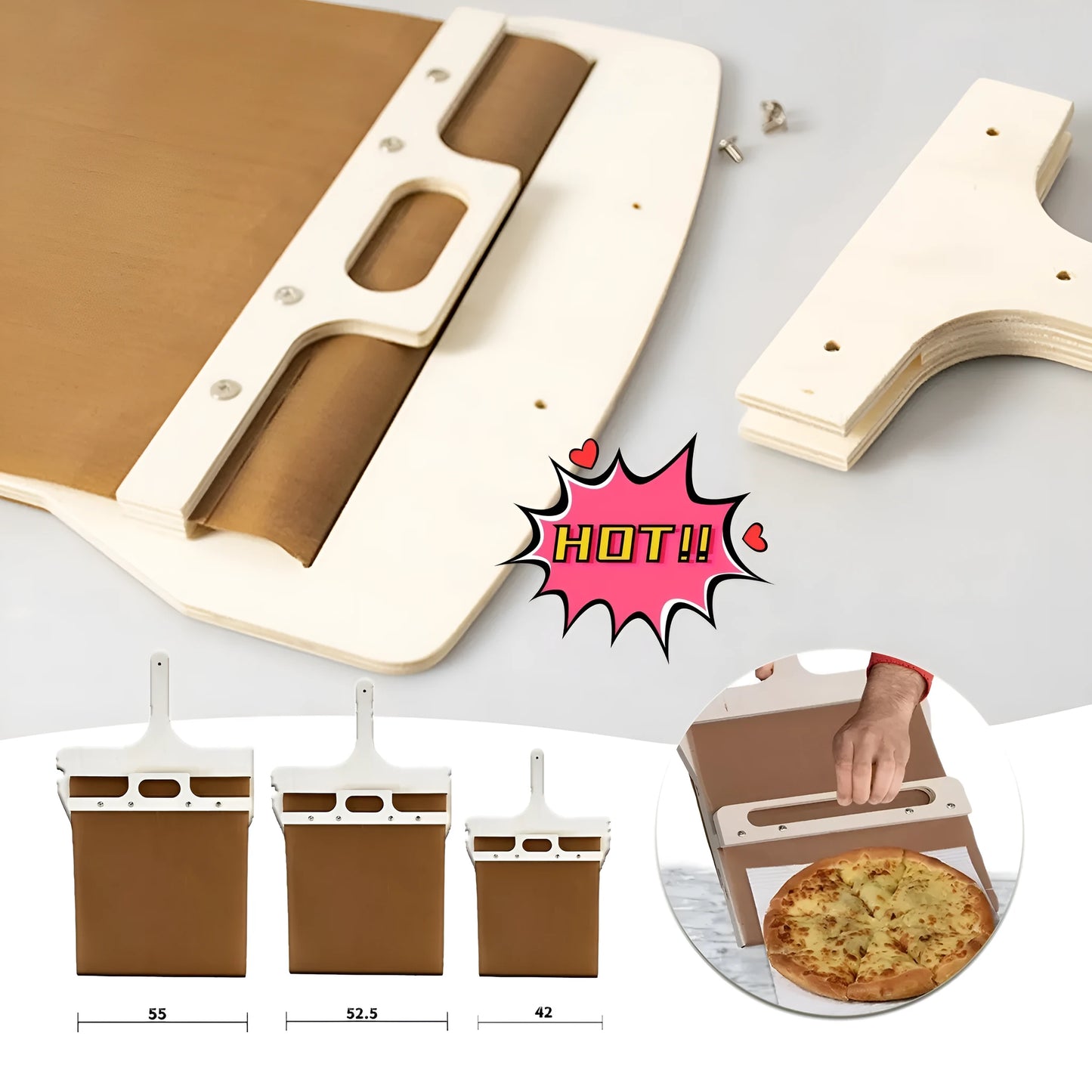 Wooden sliding pizza peel storage board in natural log colour with three size options.