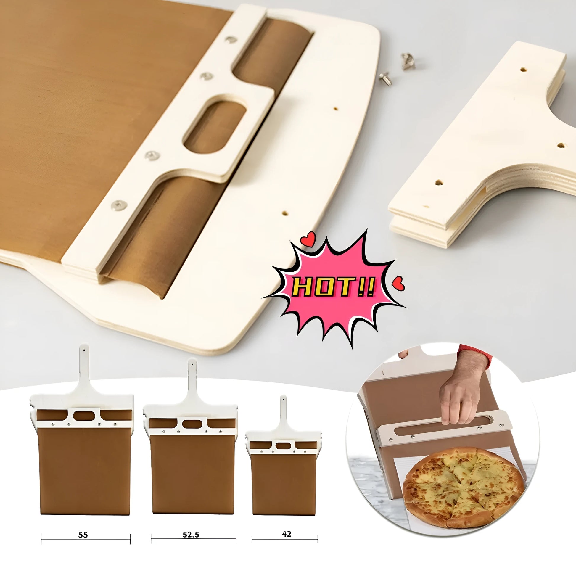 Wooden sliding pizza peel storage board in natural log colour with three size options.