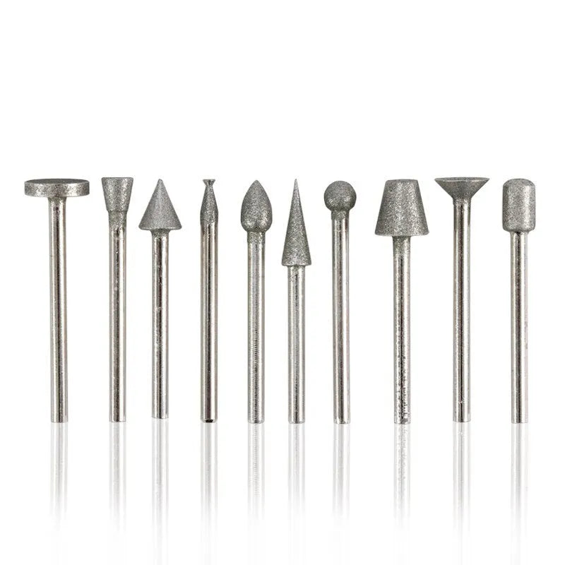 Alloy diamond grinding head set with elliptical cone shape and 3mm shank for rotary tools.