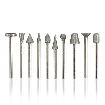 Alloy diamond grinding head set with elliptical cone shape and 3mm shank for rotary tools.