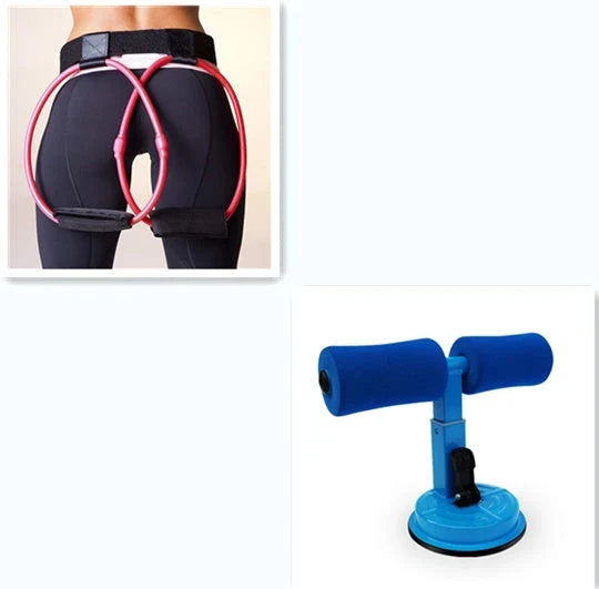 Compact sit-up strength trainer with steel springs and foam padding for home fitness