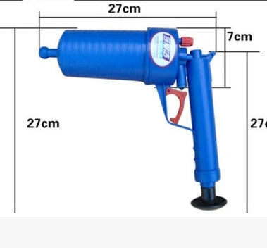 High-powered air pressure drain blaster gun with four different size adapters for clearing clogged pipes, sinks, bathtubs, and floor drains