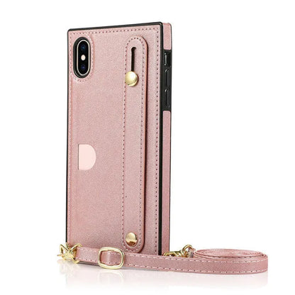 Leather phone case with card holder and wristband holster in black, fits iPhone models, anti-scratch protection
