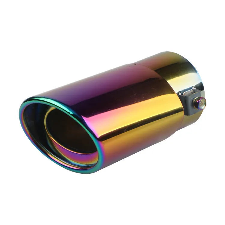 Stainless steel car exhaust tailpipe in baked blue finish, showing straight and curved outlet options.