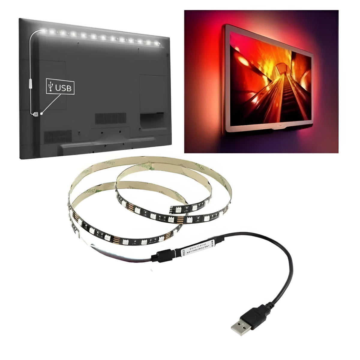 USB-powered flexible LED light strip, 1 metre long, with 50cm USB cable, showing multiple colour options including white and blue.