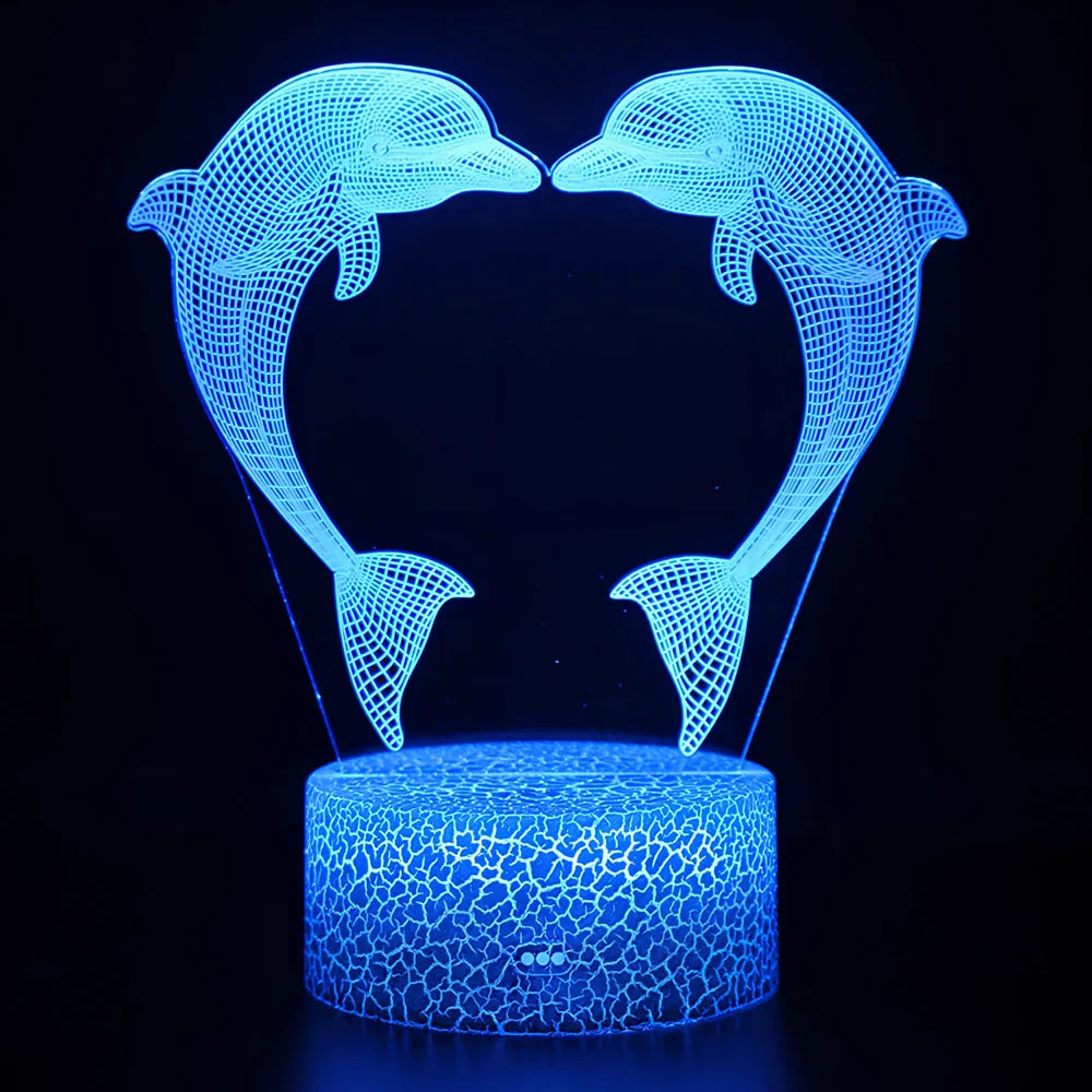 Dolphin-shaped night light with touch control, measuring 205mm by 120mm by 4mm with LED illumination
