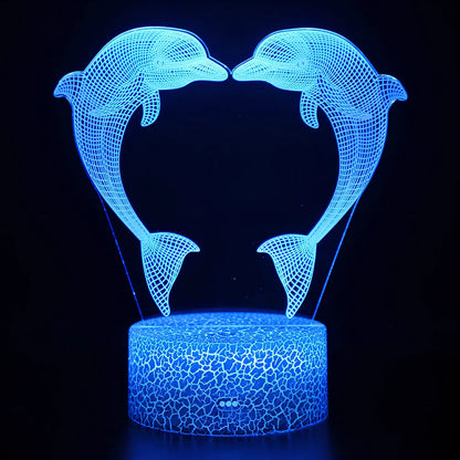 Dolphin-shaped night light with touch control, measuring 205mm by 120mm by 4mm with LED illumination