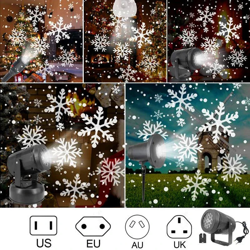 Dazzling LED snowflake projection light with various holiday-themed patterns for festive indoor and outdoor decoration