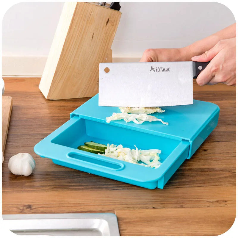 Blue multifunction kitchen chopping board with integrated sink drain basket and TPE handle.