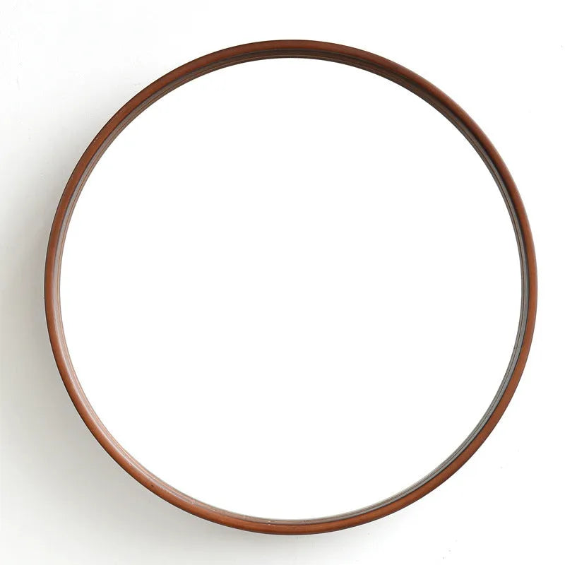 Round solid wood hanging mirror with walnut finish and float silver surface, 30cm diameter