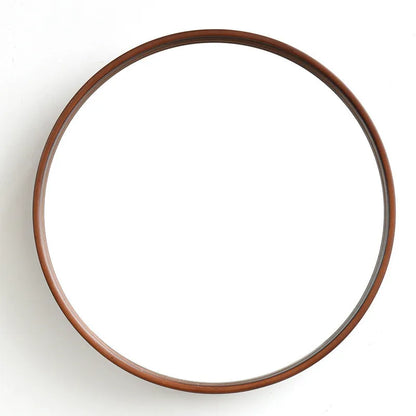 Round solid wood hanging mirror with walnut finish and float silver surface, 30cm diameter