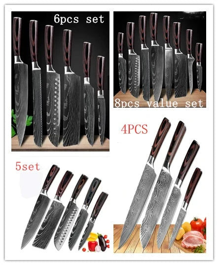 Premium chef knife set with high-performance stainless steel blades, featuring a striking Damascus pattern and ergonomic color-coated handles