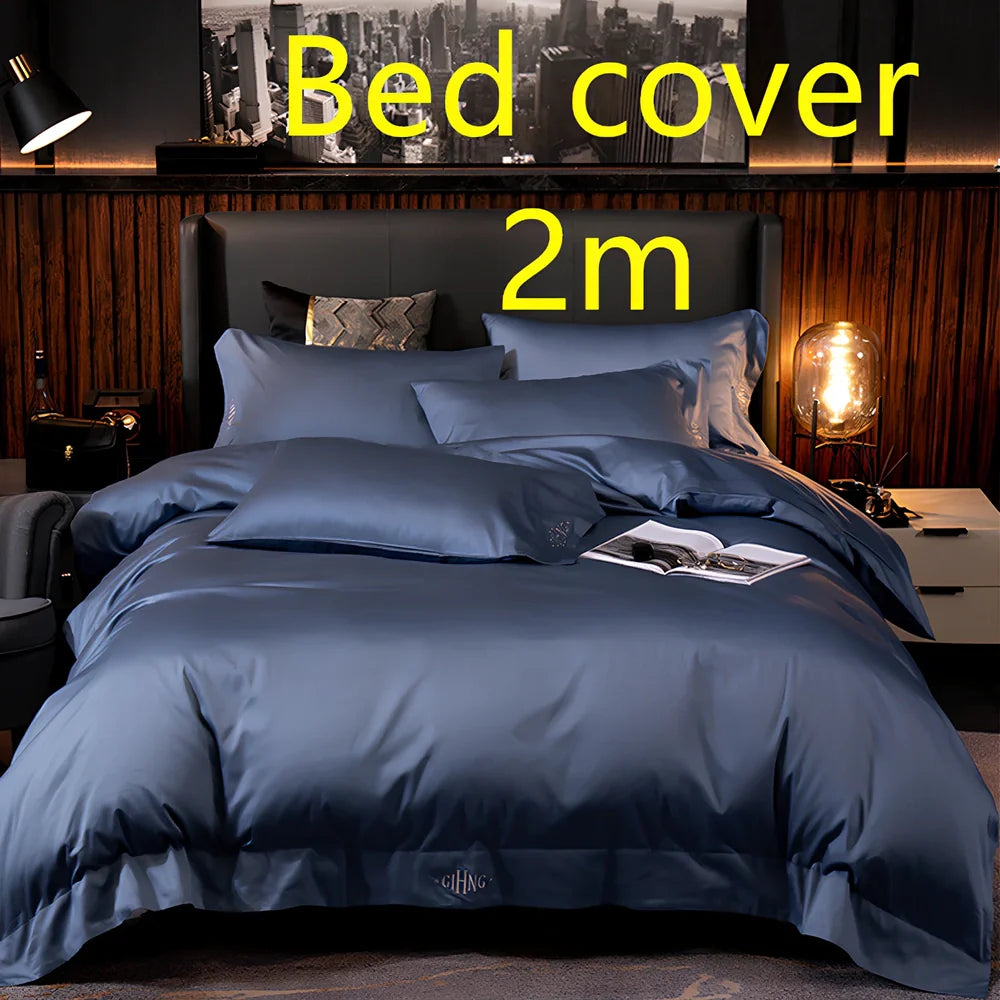 Four-piece cotton bedding set with satin weave fabric showing quilting detail and colour options