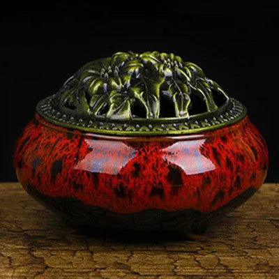 Retro ceramic incense burner in multiple glaze colours with 8cm diameter and 7cm height