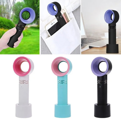 Portable bladeless fan with USB cable and base, showing compact design and bladeless airflow