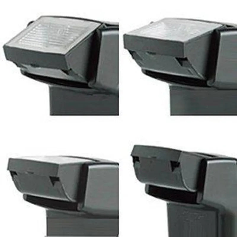 Compact black hot shoe camera flash with its head tilted upwards, showing the flash bulb and hot shoe mount.