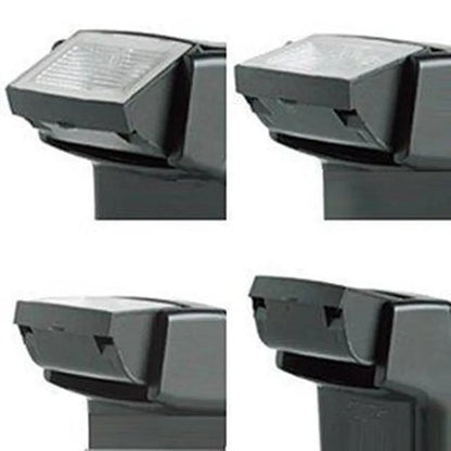 Compact black hot shoe camera flash with its head tilted upwards, showing the flash bulb and hot shoe mount.