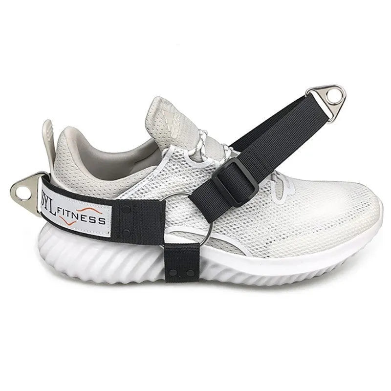 Gantry frame ankle strap with tension buckles for rope access training in black colour