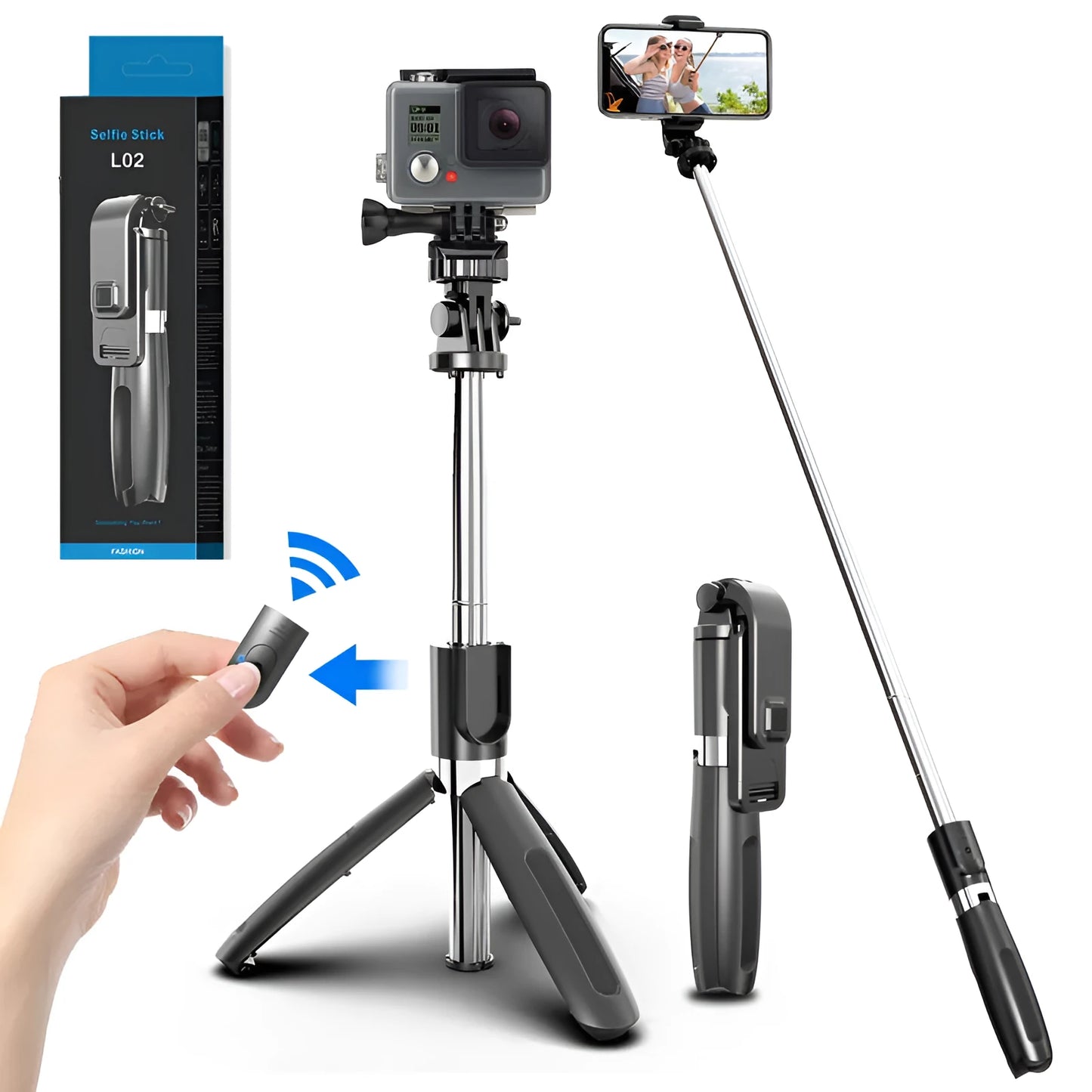 Black and white Bluetooth selfie stick extended with phone mounted, showing wireless remote and tripod base
