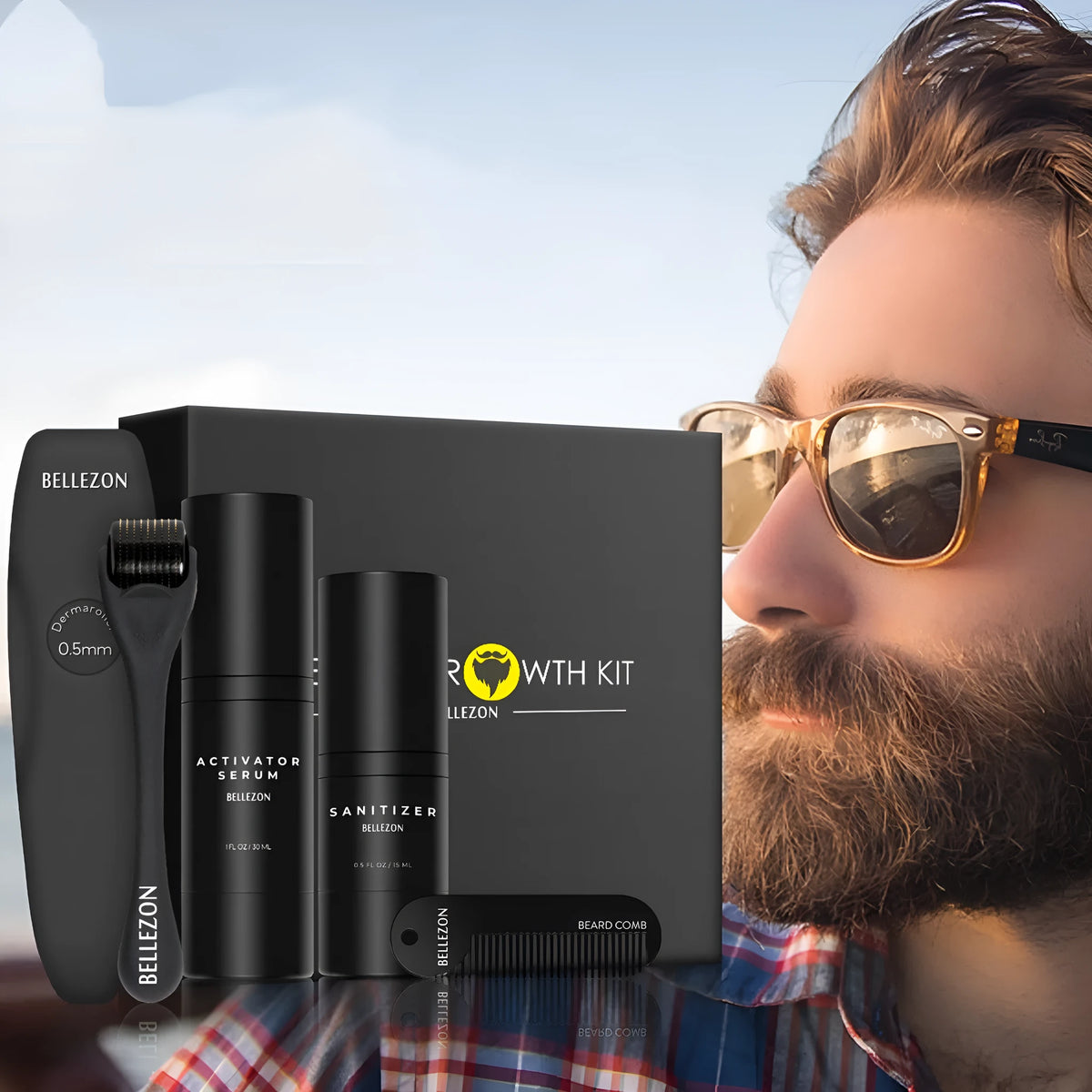 Beard care kit with 30ml growth solution, 15ml disinfectant, titanium alloy roller and zinc alloy comb, 21.2x21x4.9cm