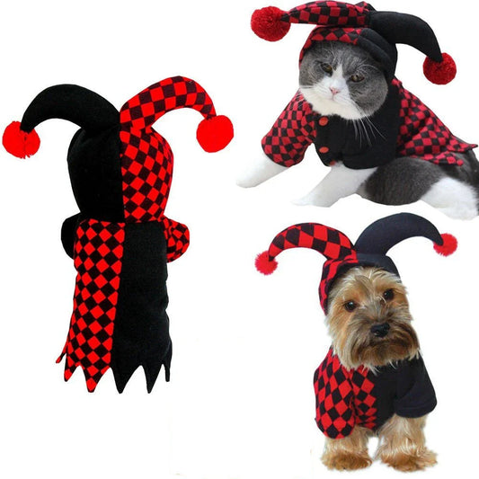A pet wearing a clown costume with a jaunty hat, made of high-quality polyester for comfort and durability.