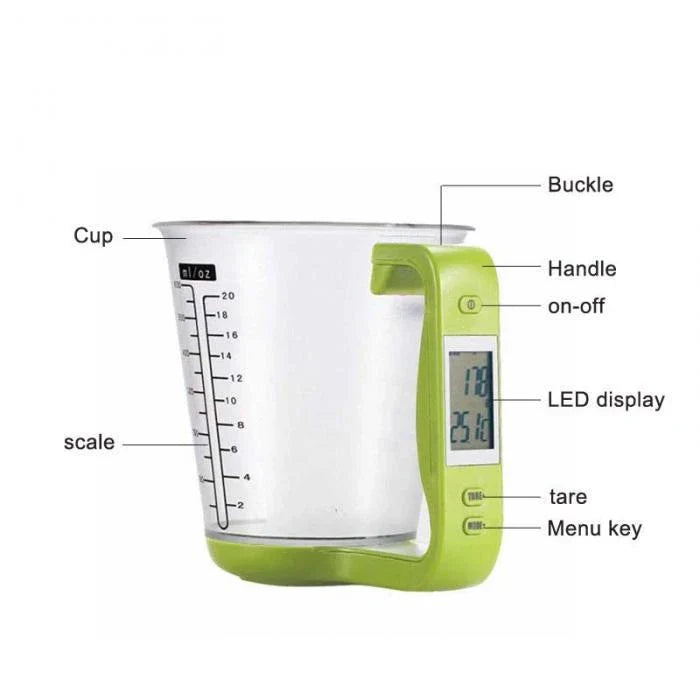 All-in-One Digital Measuring Cup and Kitchen Scale with LCD Display, Temperature Sensor, and Conversion Features