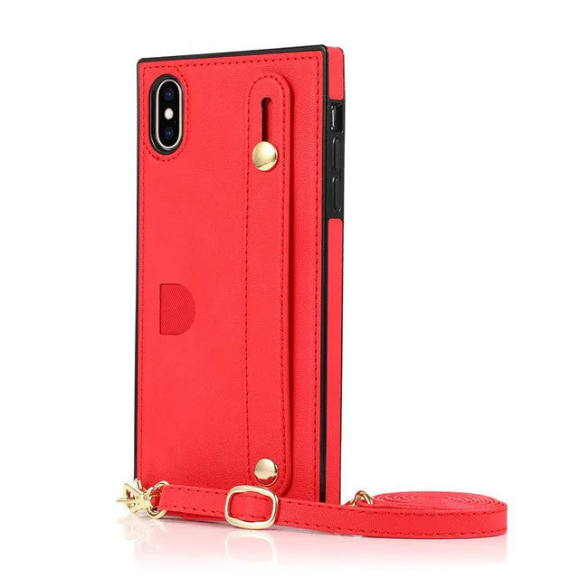 Leather phone case with card holder and wristband holster in black, fits iPhone models, anti-scratch protection