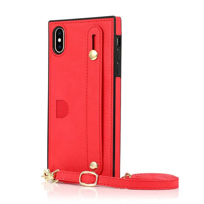 Leather phone case with card holder and wristband holster in black, fits iPhone models, anti-scratch protection
