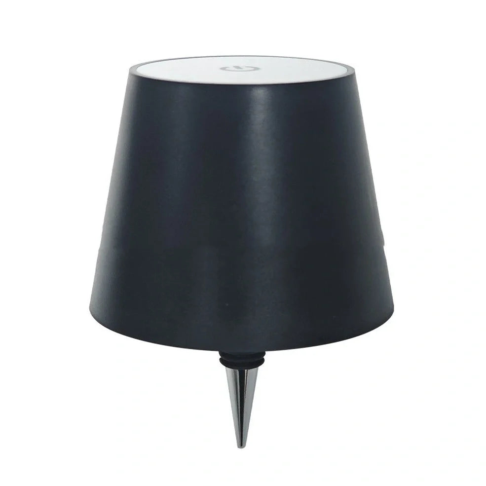 Wireless LED desk lamp in black tricolour finish, bottle-shaped with detachable base and touch control for 2000mAh powered lighting