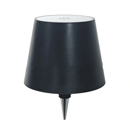 Wireless LED desk lamp in black tricolour finish, bottle-shaped with detachable base and touch control for 2000mAh powered lighting